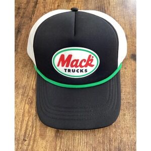 Mack Trucks Hat Mens Black White Mesh Snapback Trucker Cap Green Rope